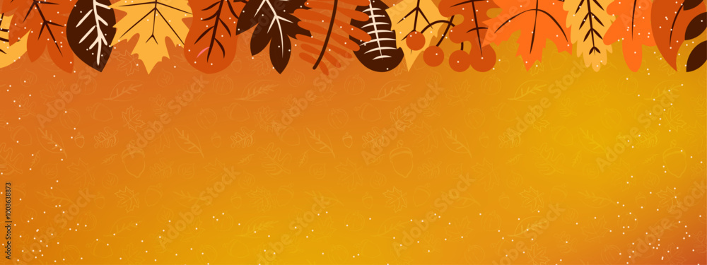 Poster autumn-themed banner template with copy space. rows of illustrated leaves on top with an orange and 