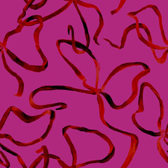 Fototapeta premium Seamless watercolor pattern with red silk bows. Illustration of elegant satin thin ribbons on shocking pink background. Design for festive decor, gift wrapping, textile. Tangled lines.