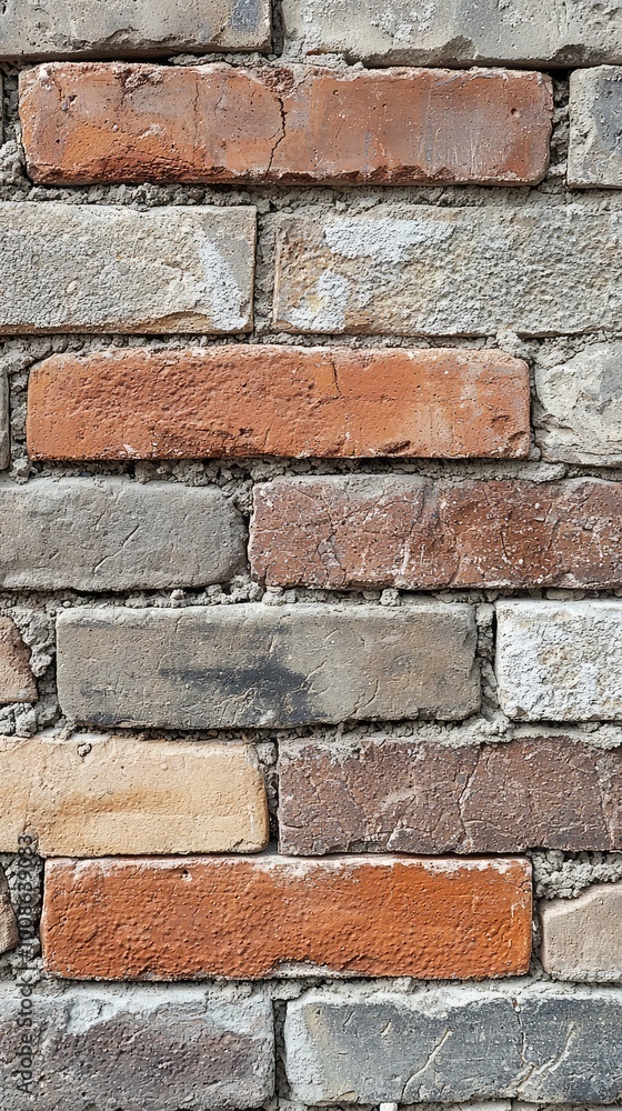 Poster a close-up view of a textured wall featuring different colors and patterns of bricks, showcasing rus