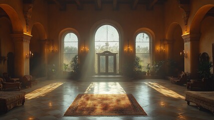 Fototapeta premium Sunbeams illuminate a grand, arched entrance to a palatial lobby with a plush rug, ornate walls, and multiple windows.