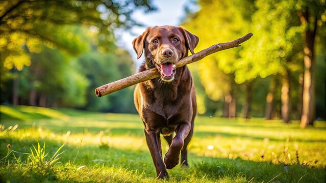 Playful English Chocolate Labrador Retrieving a Stick in a Sunny Park on a Beautiful Day Outdoors