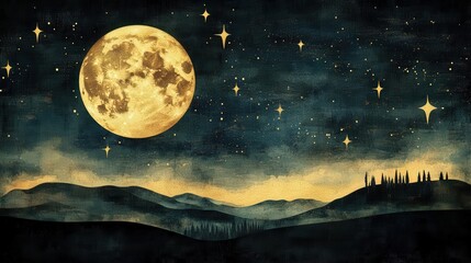 Fototapeta premium Majestic Moonrise Over Quiet Landscape at Night
