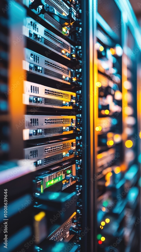 Poster a close-up view of modern server hardware in a data center, showcasing sleek design and vibrant led 