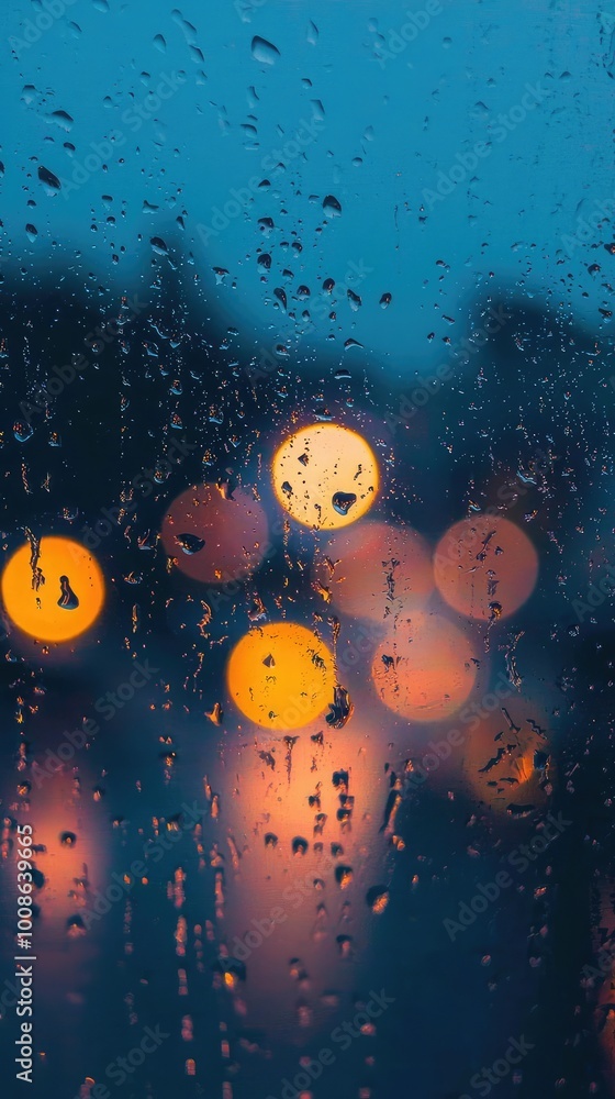 Poster a close-up view of raindrops on a window with colorful bokeh lights in the background, creating a se