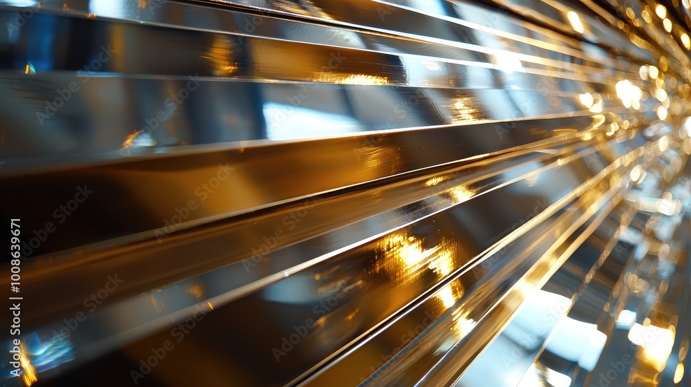 Poster a close-up view of shimmering metallic strips reflecting light, creating a dynamic and abstract visu
