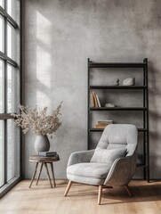 Modern Home Office: Contemporary Gray and Beige Living Room with a Cushioned Chair