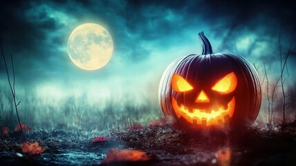 Fototapeta premium Spooky Halloween Pumpkin Under Full Moon, Scary Carved Jack o Lantern
