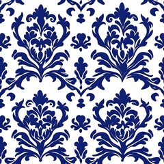 Blue and White Damask Floral Pattern Seamless Texture Background