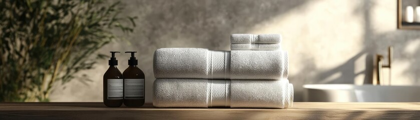 Cozy bathroom scene featuring stacked towels and elegant bottles on a wooden surface, perfect for relaxation and self-care themes.