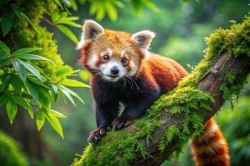 Fototapeta premium Playful Red Panda Climbing a Tree in a Lush Green Forest Surrounded by Nature's Beauty