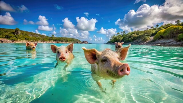 Playful Pigs Swimming in Turquoise Waters of Exuma, Bahamas Surrounded by Beautiful Tropical Scenery