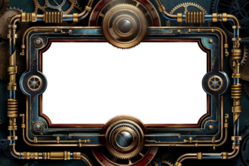 Steampunk frame with intricate details. Bolts, gears, screws, pipes. Made of steel, copper, brass and other Victorian retro vintage material. Industrial Engineering. Transparent PNG background.