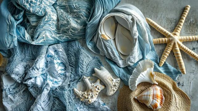A blue scarf with seashells, a starfish, and a straw hat lie on a gray surface, suggesting a beachside summer day