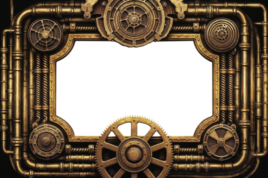 Steampunk frame with intricate details. Bolts, gears, screws, pipes. Made of steel, copper, brass and other Victorian retro vintage material. Industrial Engineering. Transparent PNG background.