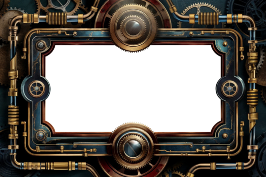 Steampunk frame with intricate details. Bolts, gears, screws, pipes. Made of steel, copper, brass and other Victorian retro vintage material. Industrial Engineering. Transparent PNG background. - Powered by Adobe