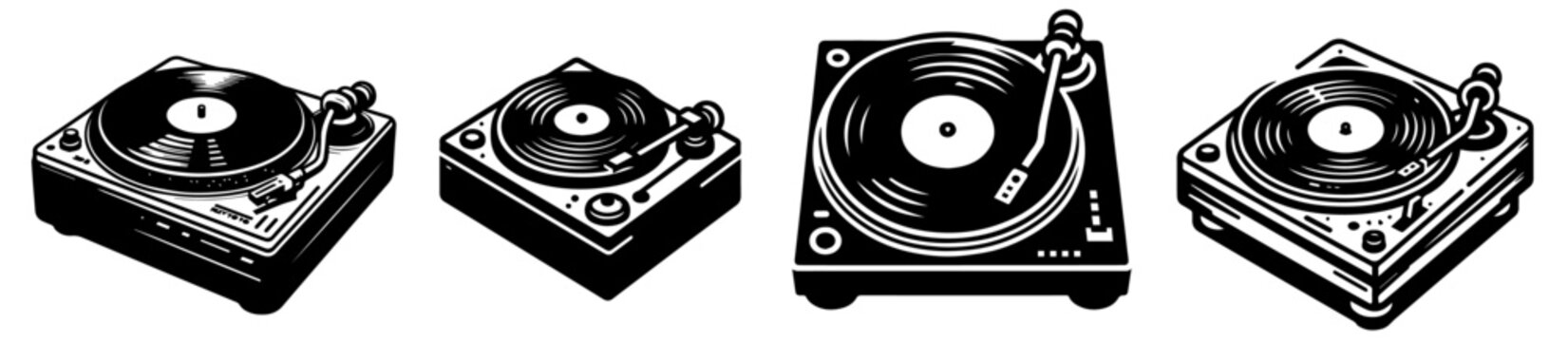 detailed sketches of turntables playing vinyl records black vector