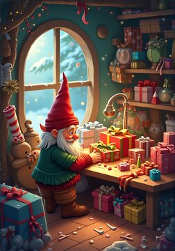 Cheerful elf wrapping gifts at a cozy Christmas workshop with festive decorations and snow outside