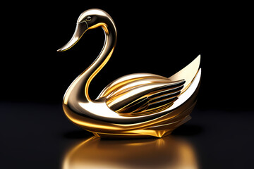 Shiny golden swan sculpture on a black background with copy space
