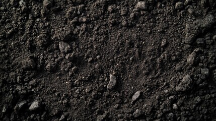 Black soil background with a top view of black dirt texture with space for text or design, professional photography, eco-friendly nature, mock-up shot