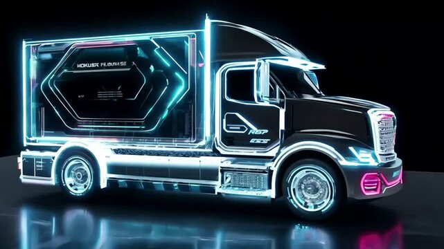 3D model of a futuristic truck, bright neon lights on a black background. Generative AI
