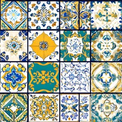 Blue  Yellow  and White Mosaic Tiles Pattern