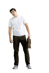 Fototapeta premium A man, full-length, on a white background, with a briefcase