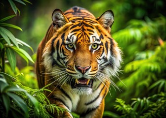 Powerful Saber-Tooth Tiger in Natural Habitat Roaming Through Lush Green Forest Environment