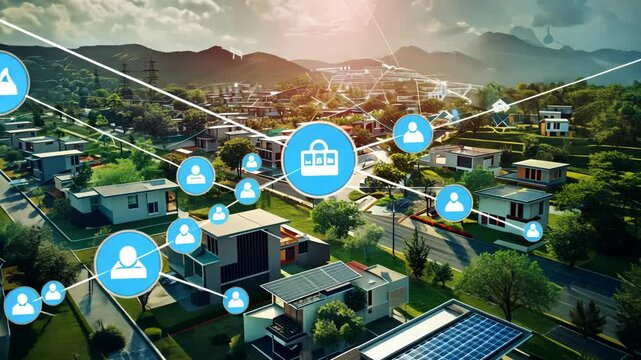 An aerial view of a suburban neighborhood with a network of interconnected icons representing people, houses, and a shopping bag