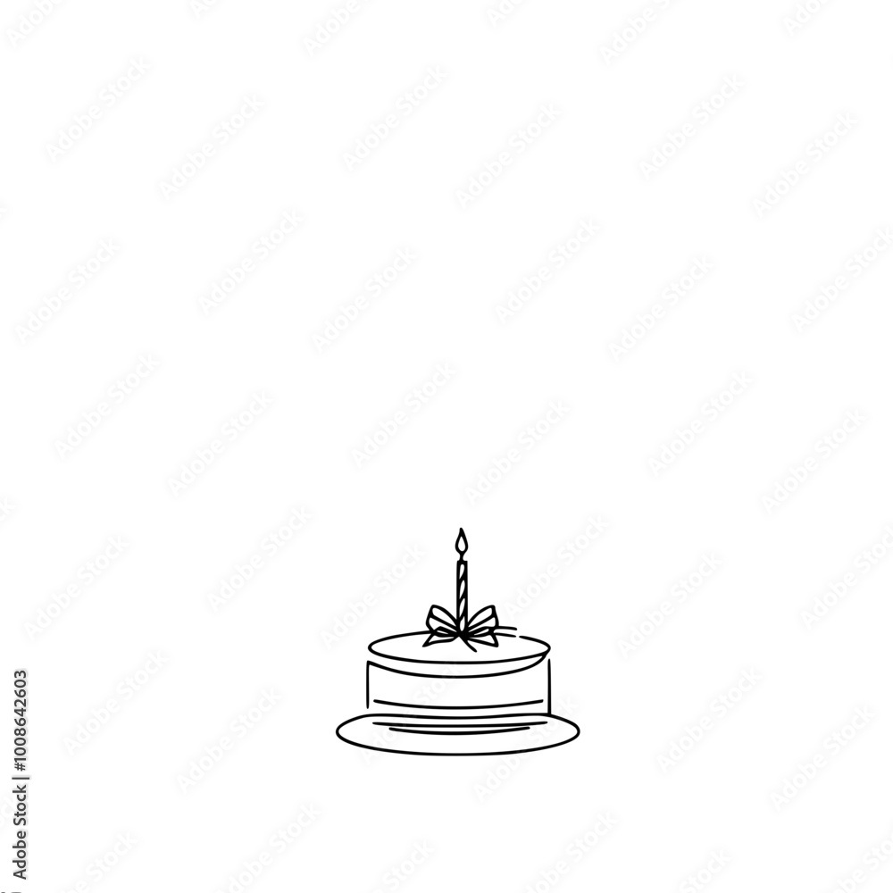Poster linear contour vector simple drawing of a cake with one candle on top standing on a plate symbolizin