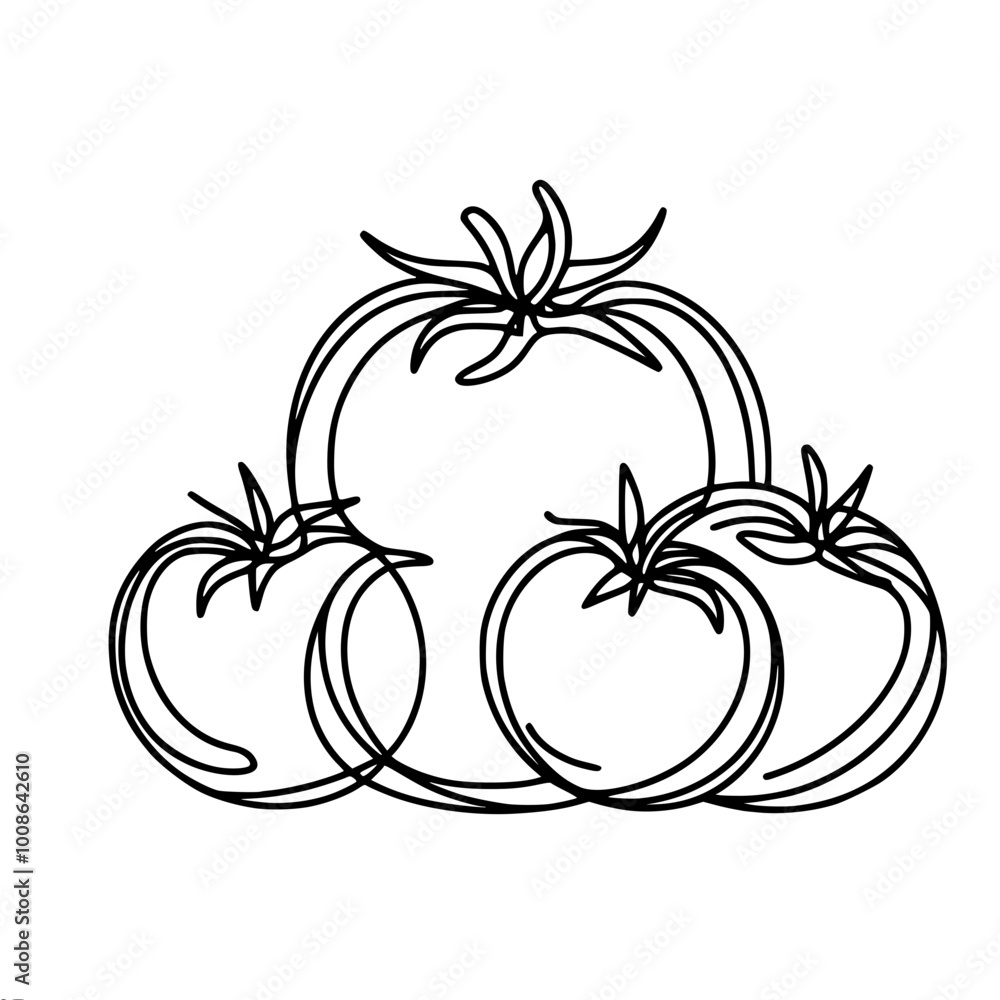 Poster linear vector contour drawing of a bunch of tomatoes with stalks