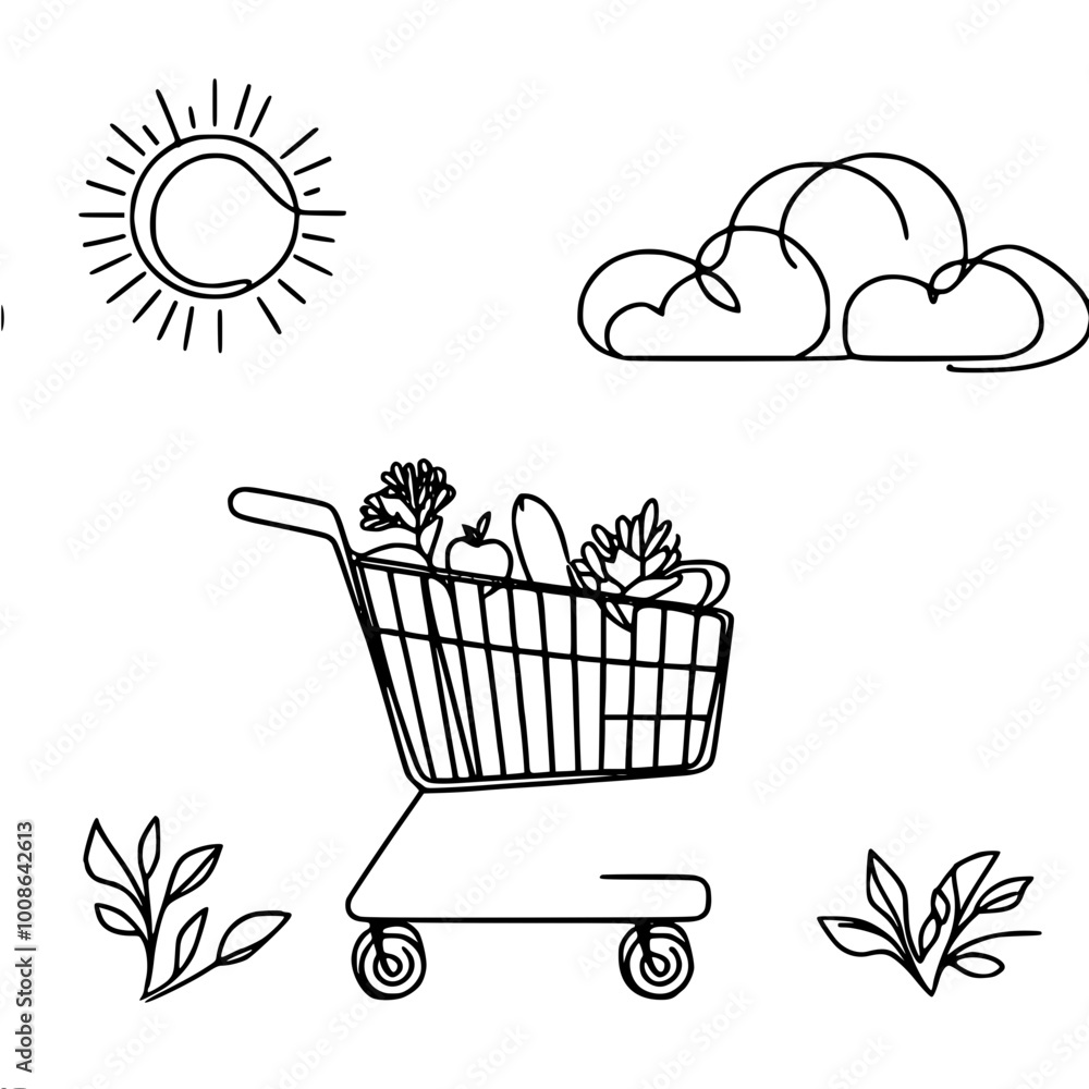 Poster linear vector contour drawing of a cart with groceries outside on a background of sun and clouds