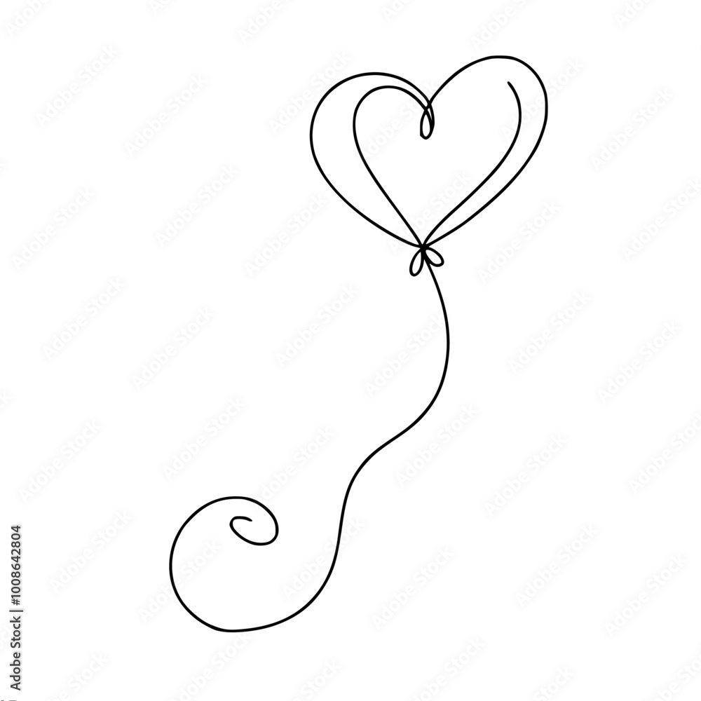 Poster linear contour vector simple drawing of a balloon with a long string in the shape of a heart, symbol