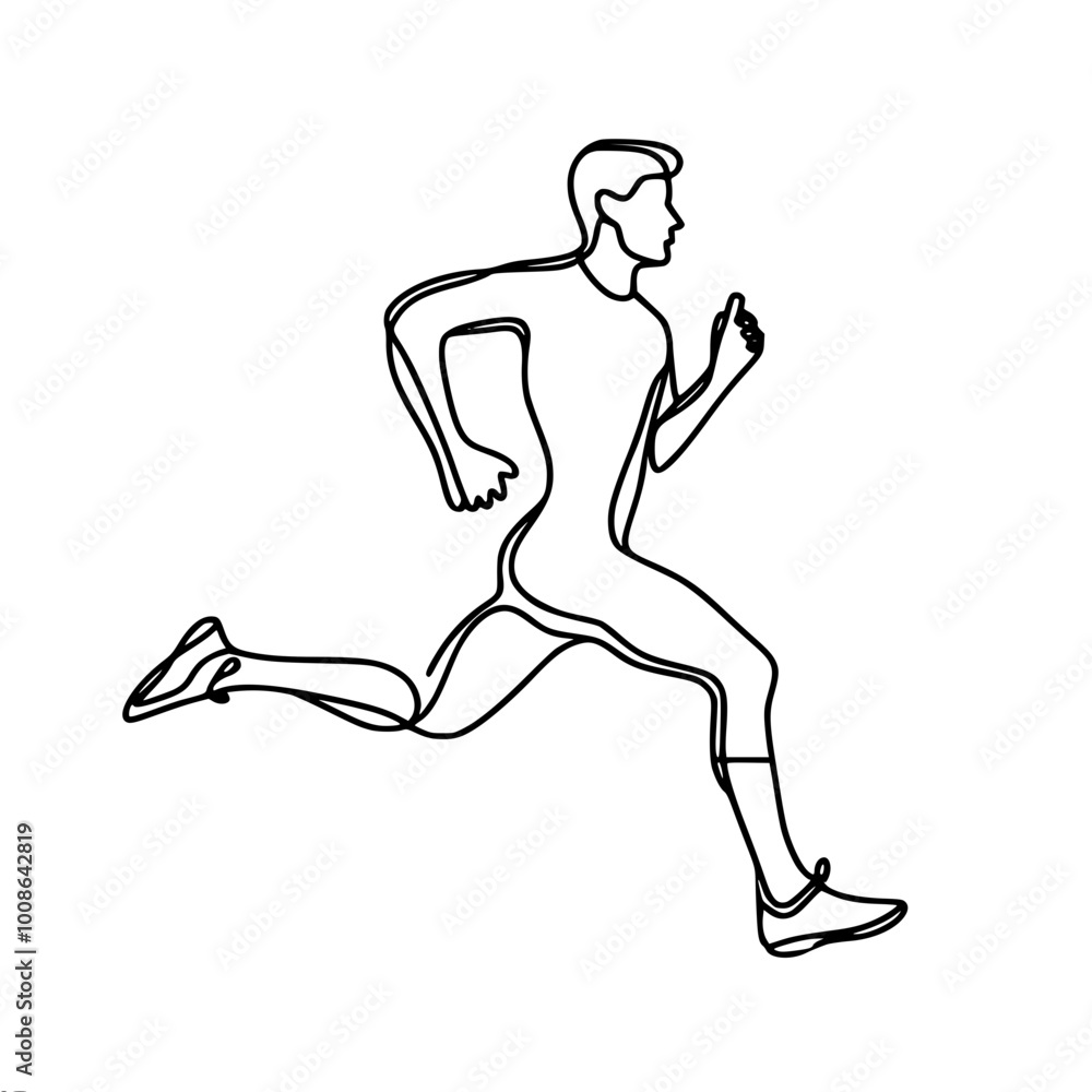 Poster a minimalist single line vector outline drawing of a man in a running pose, done in one continuous l