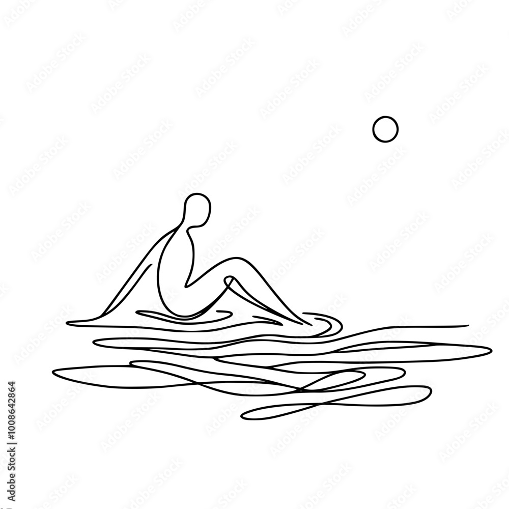Poster minimalistic one line vector contour drawing of a figure sitting by the water with circles on the wa