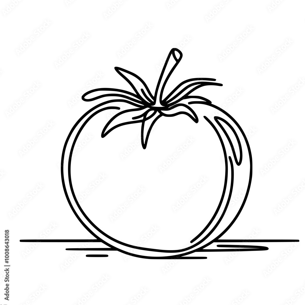 Poster linear vector contour drawing of a tomato with a stalk lying on a surface