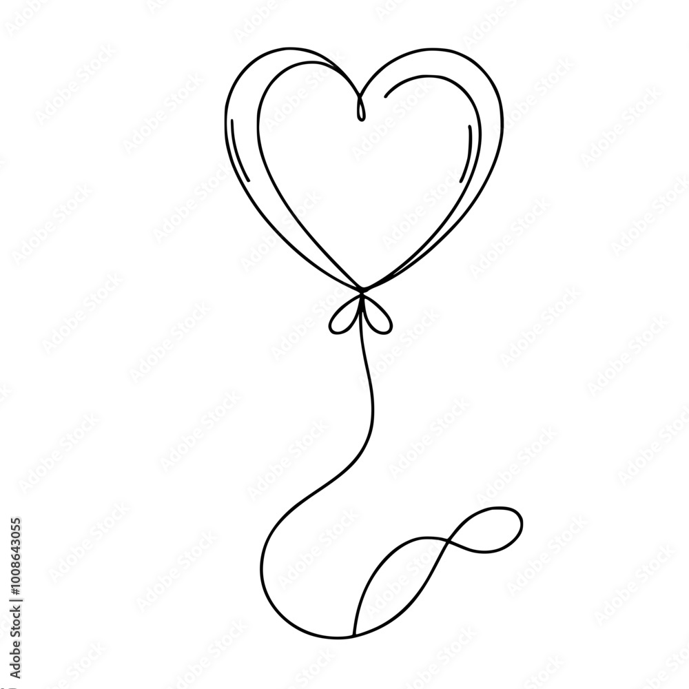 Poster linear contour vector simple drawing of a hot air balloon with a wavy thread in the shape of a heart