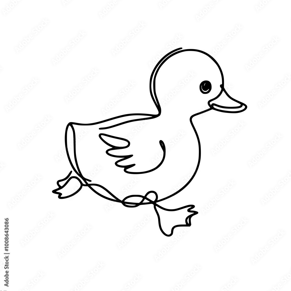 Poster linear contour vector simple drawing of a running cute duckling