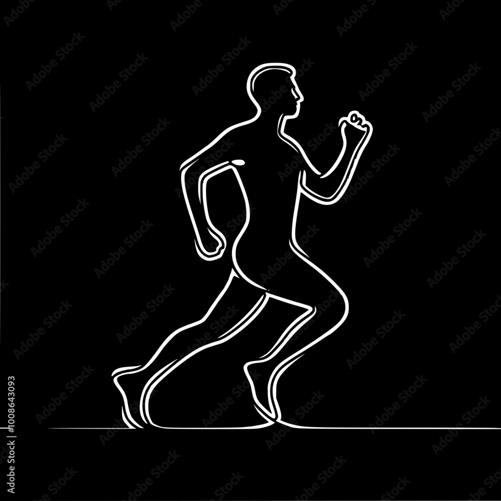 Poster minimalistic one line vector drawing of a man in a running pose, done with one continuous white line