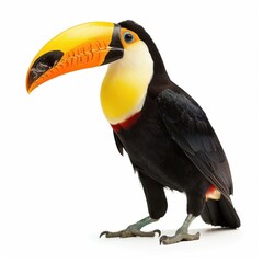 Naklejka premium A charming toucan poses playfully, its vivid colors contrasting beautifully with the light background that enhances its beauty.