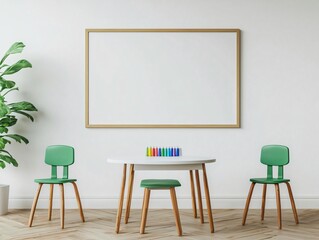 Modern classroom with green chairs, a white table, multicolored markers, and a large blank frame on the wall. Perfect for education.
