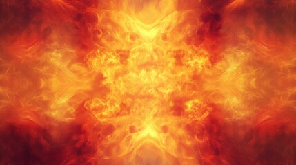 Fototapeta premium Dramatic fire and smoke effect glowing red and yellow colors exploding outwards with center space. Vivid and hot hell abstract or blazing fire background or wallpaper