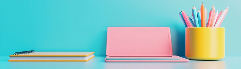 Fototapeta premium Vibrant workspace featuring colorful stationery, notebooks, and a pencil holder against a turquoise background.