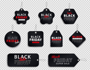 Set of Black Friday sale tags in black color different shapes and styles for promotion with text - Super Sale, Shop Now, Special Offer. Template of  realistic shopping labels on transparent background