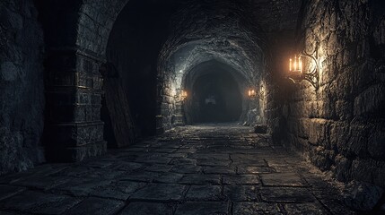 A dark and mysterious dungeon corridor, illuminated by flickering candlelight, featuring ancient stone walls and a haunting atmosphere.