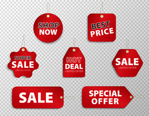 Template of 7 red shopping tags on transparent background. Mock up of discount paper labels, stickers with string for hanging and text - super SALE, special offer, best price, hot deal, shop now, etc.