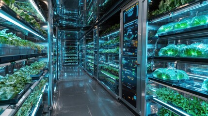 A high-tech indoor facility showcases vibrant greenery in illuminated shelves, emphasizing urban farming and sustainable agriculture.