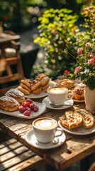 Fototapeta premium A delightful breakfast spread featuring coffee, pastries, berries, and flowers, perfect for a cozy outdoor morning.