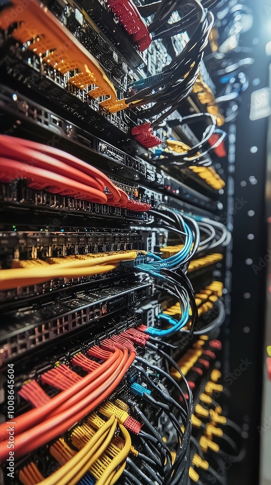 Aufkleber a detailed view of colorful network cables connected to a server rack, showcasing technology and con