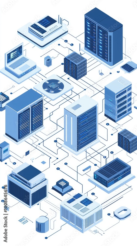 Poster a digital illustration of a modern data center, featuring servers, computers, and networking element
