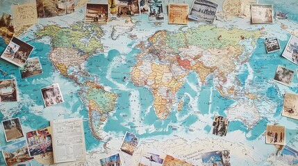 Naklejka premium A detailed world map adorned with colorful travel photos, capturing the essence of exploration and adventure.